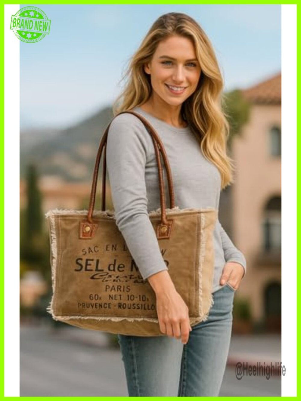 Vintage Canvas Tote Bag with Leather Handles - Boho Shoulder Bag - Picture 2 of 6